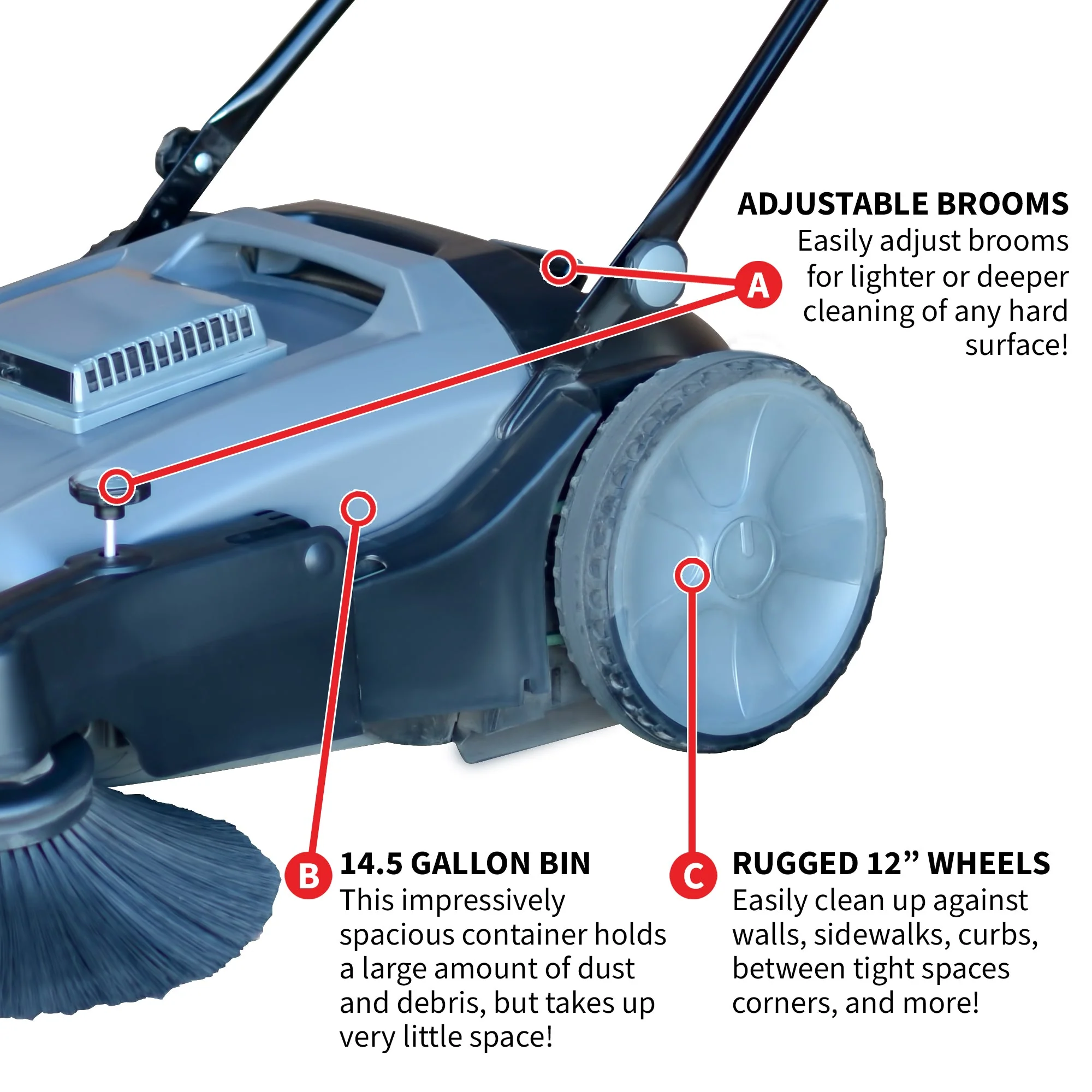 Commercial 38" Push Sweeper with Triple Power Brooms - Image 7