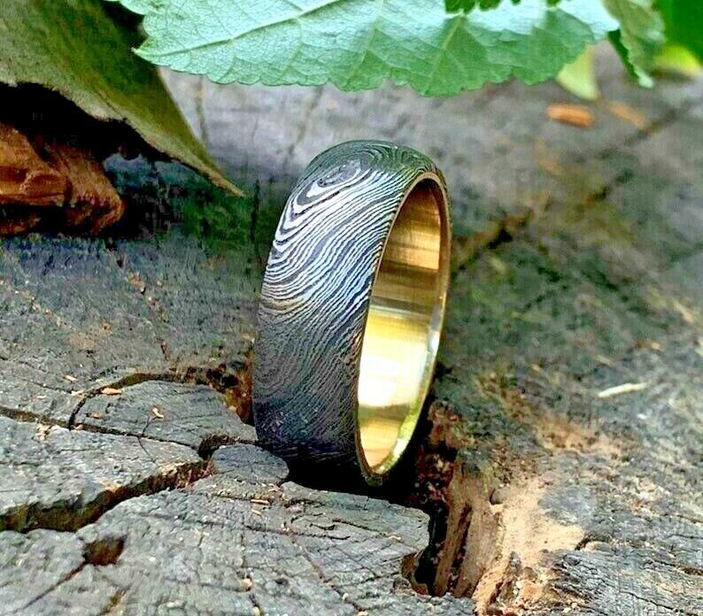 Custom Damascus Steel Anniversary Ring with Brass Inlay - Image 2