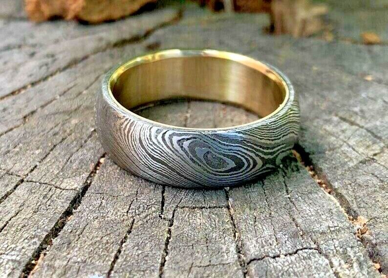 Custom Damascus Steel Anniversary Ring with Brass Inlay - Image 3
