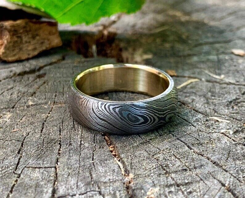 Custom Damascus Steel Anniversary Ring with Brass Inlay - Image 4