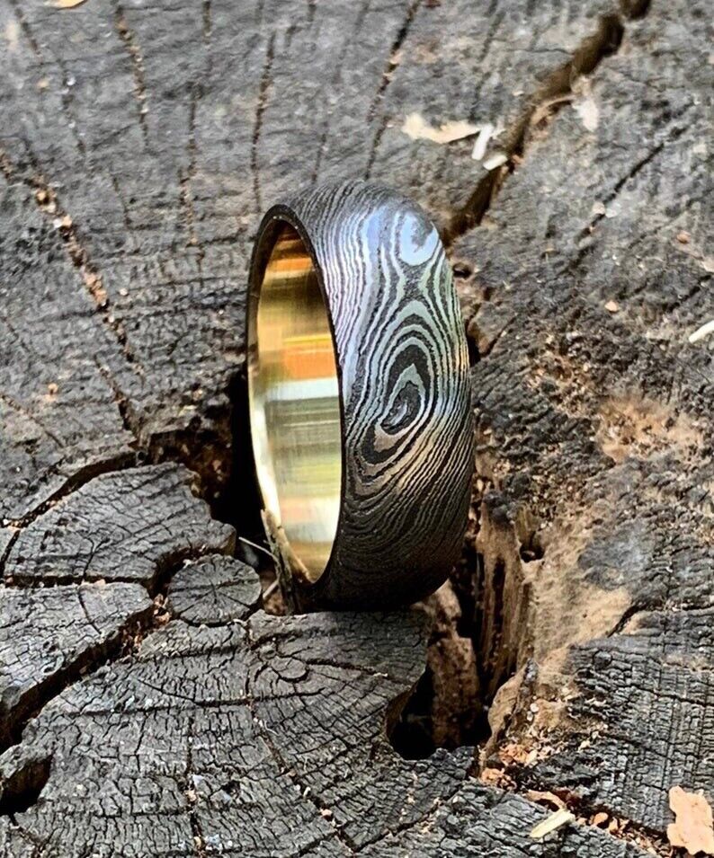 Custom Damascus Steel Anniversary Ring with Brass Inlay - Image 5