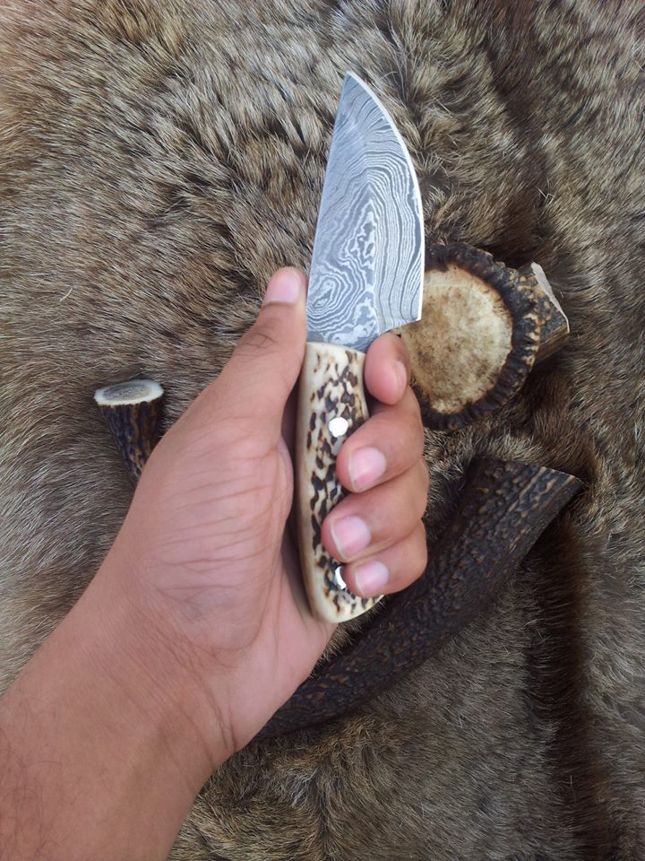 Custom Damascus Steel Field Dressing Deer Skinning Knife with Antler Horn Handle – 7 Inch Drop Point Blade - Image 4