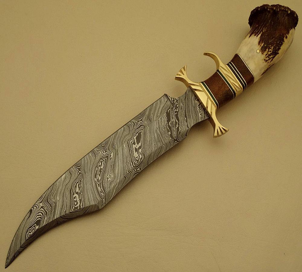 Custom Handcrafted Bowie Knife - Damascus Steel Blade, Rosewood Handle with Brass Double Guard & Stag Crown, 15" Overall Length | Leather Sheath | KBS Knives - Image 2