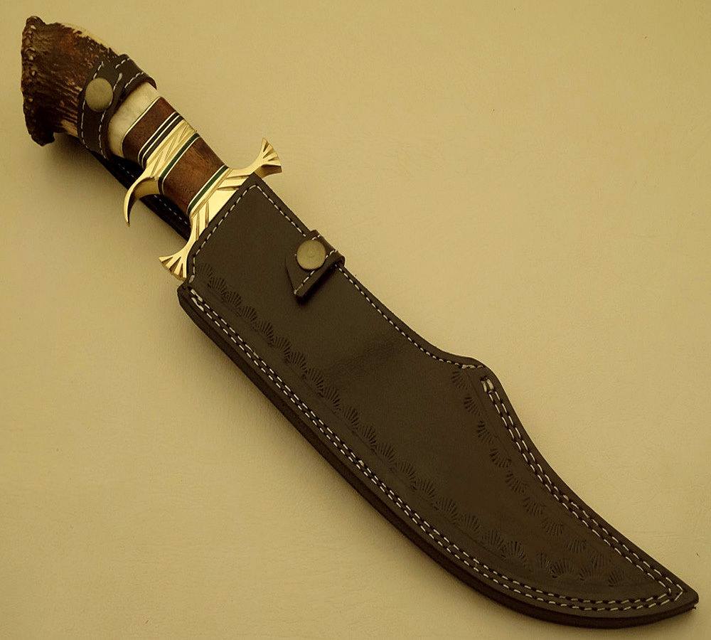 Custom Handcrafted Bowie Knife - Damascus Steel Blade, Rosewood Handle with Brass Double Guard & Stag Crown, 15" Overall Length | Leather Sheath | KBS Knives - Image 3