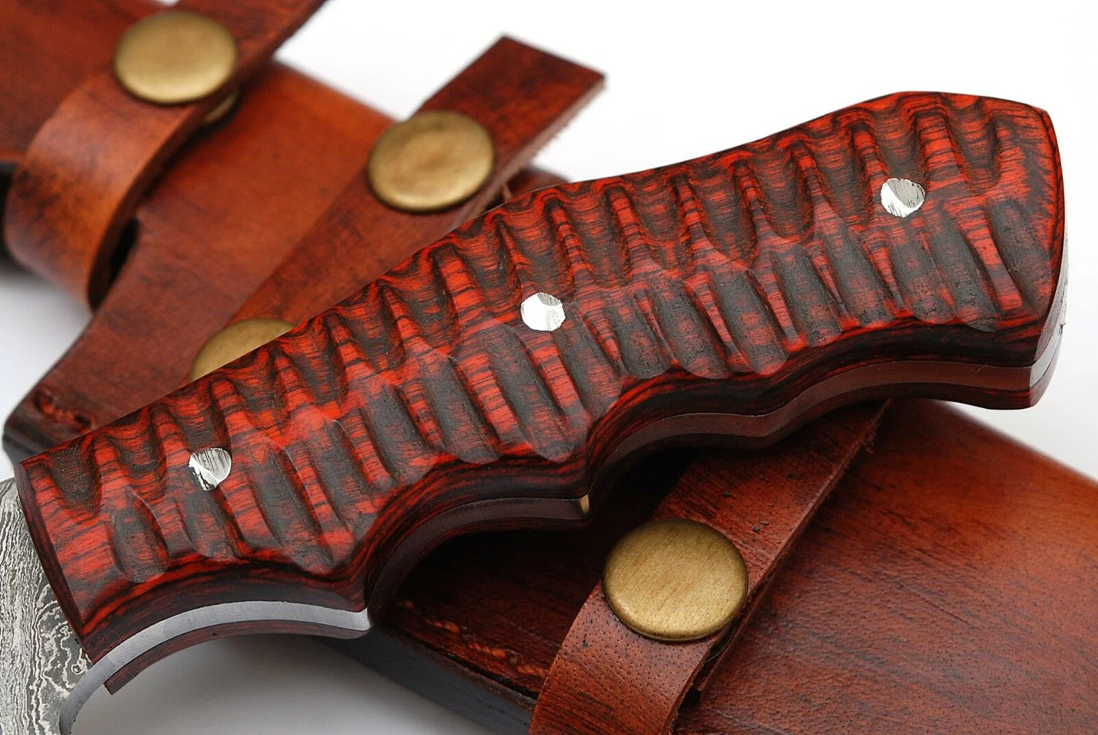 Custom Handcrafted Damascus Steel Tanto Tracker Knife - 11.5" Exotic Color Wood Handle with Horizontal Leather Sheath | Survival, Camping, Tactical | KBS Knives - Image 3