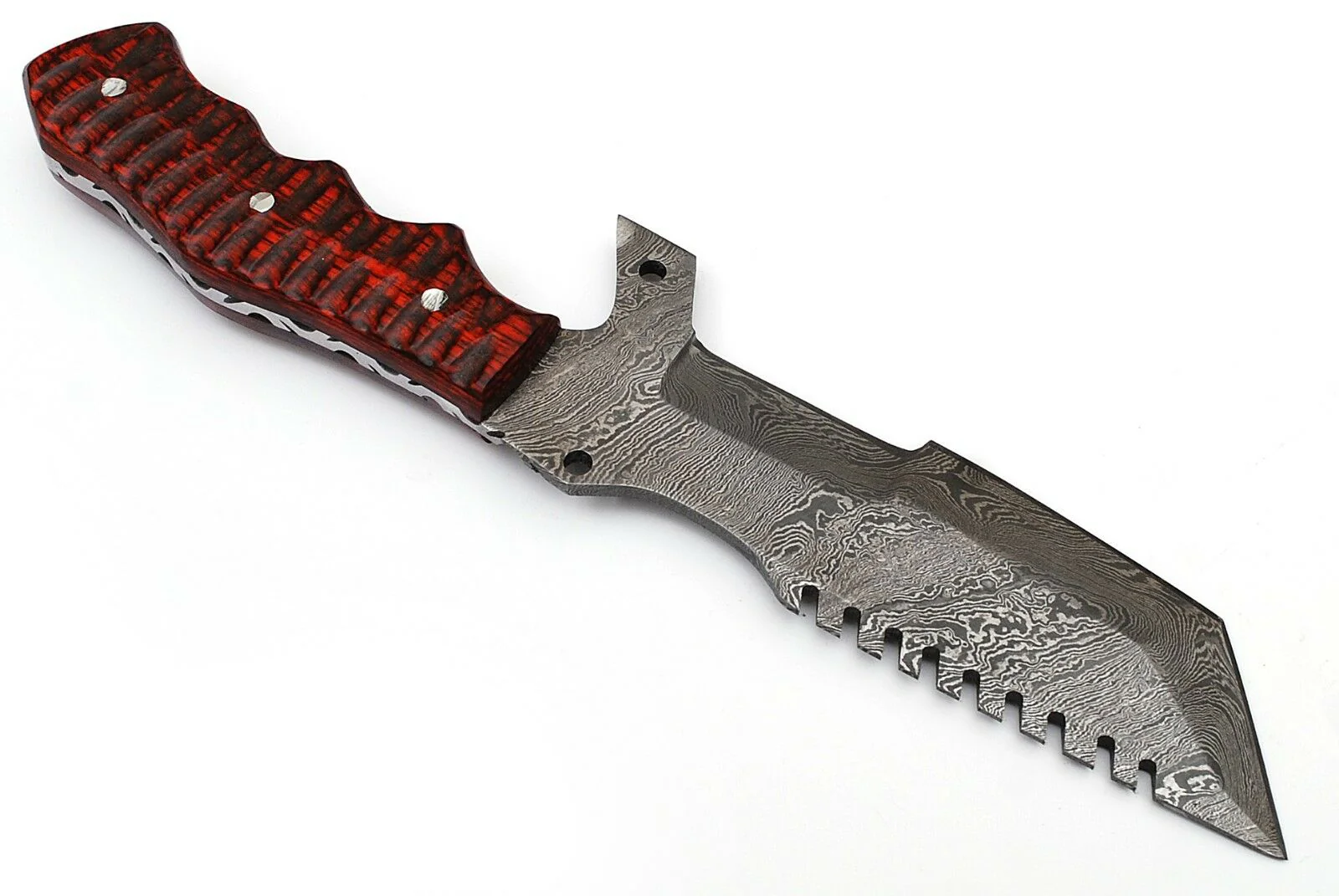 Custom Handcrafted Damascus Steel Tanto Tracker Knife - 11.5" Exotic Color Wood Handle with Horizontal Leather Sheath | Survival, Camping, Tactical | KBS Knives - Image 5