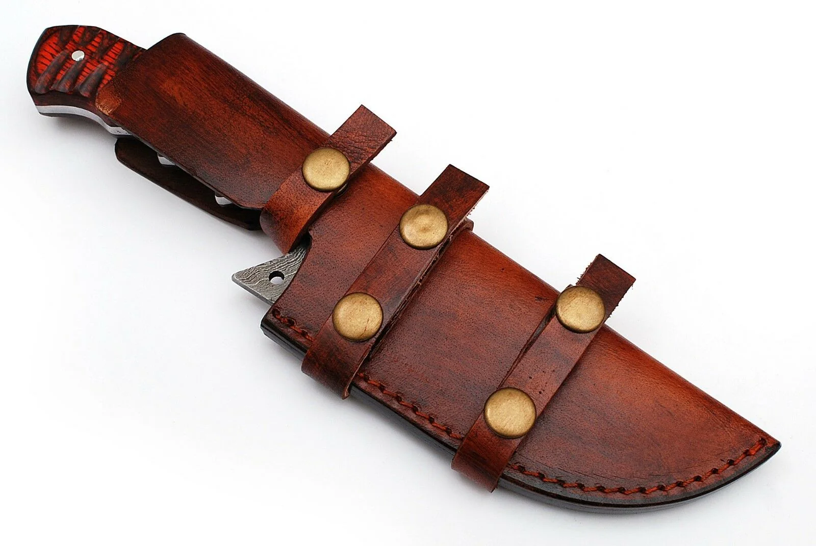 Custom Handcrafted Damascus Steel Tanto Tracker Knife - 11.5" Exotic Color Wood Handle with Horizontal Leather Sheath | Survival, Camping, Tactical | KBS Knives - Image 6