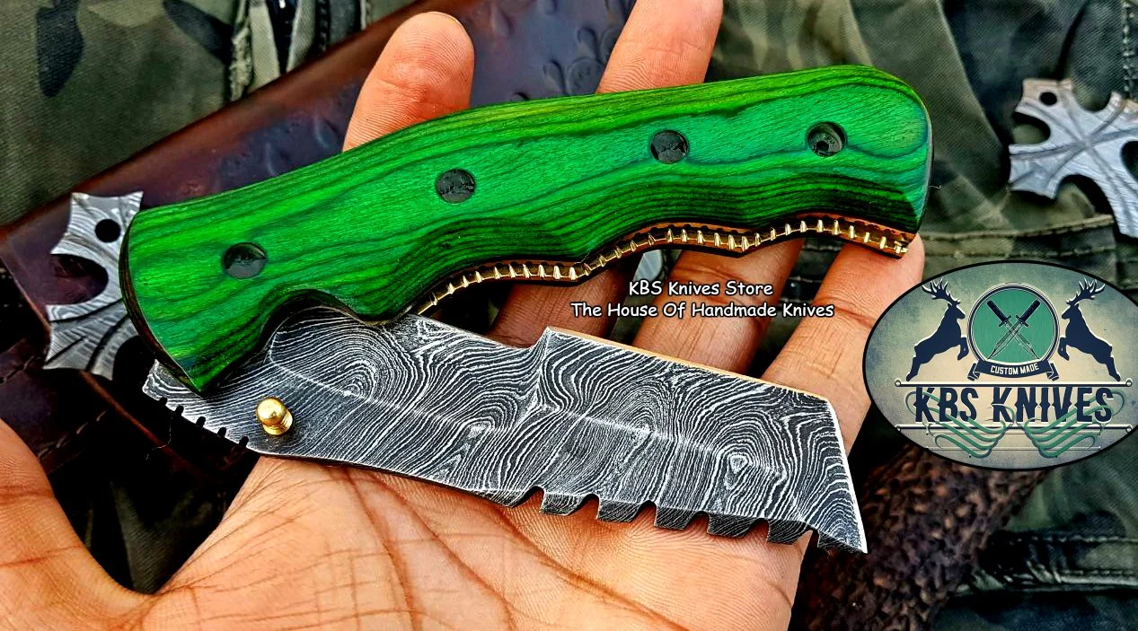 Custom Handcrafted Damascus Steel Tops Tanto Tactical Tracker Folding Knife - Ideal for Survival, Camping & Tactical Use | KBS Knives - Image 2