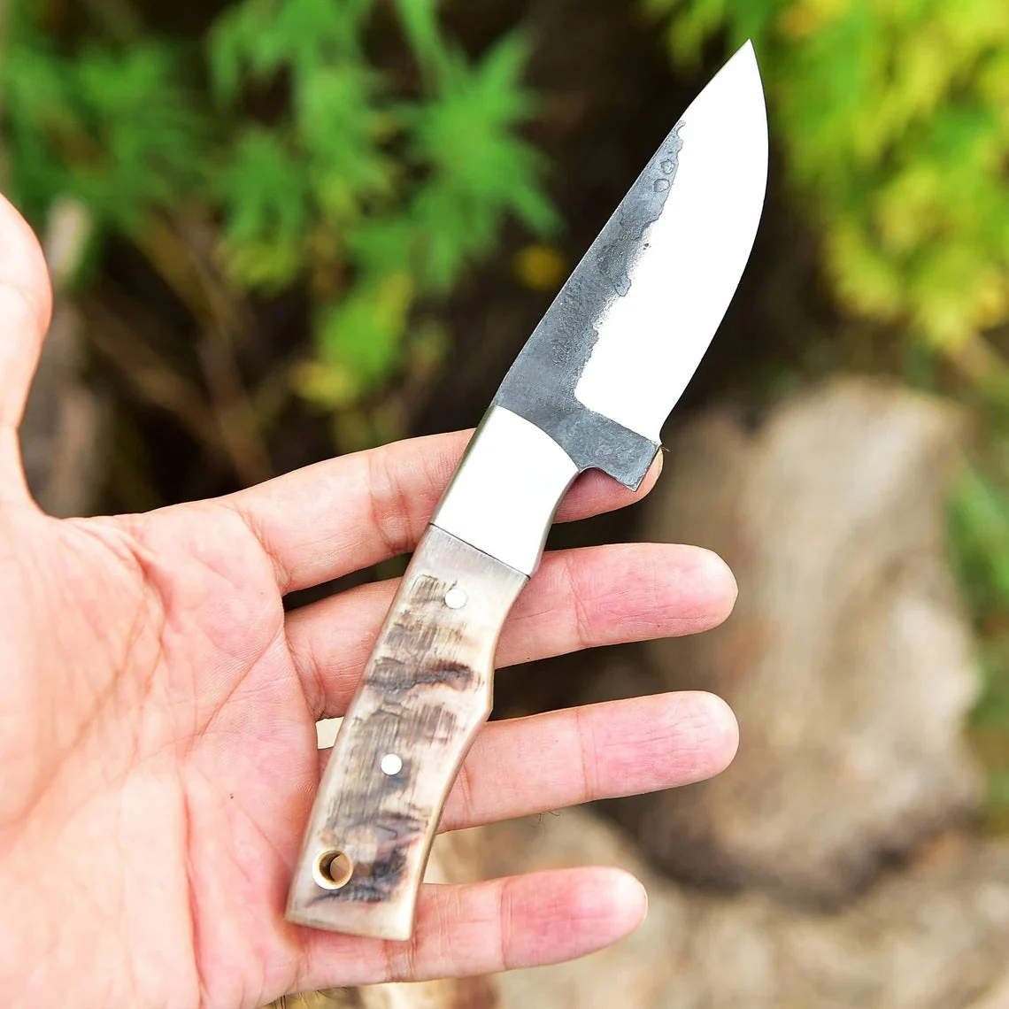 "Custom Handmade 1095 Forged Steel Skinning Knife | Sheep Horn Handle | 7.5 Inches | Leather Sheath | KBS Knives Store" - Image 2