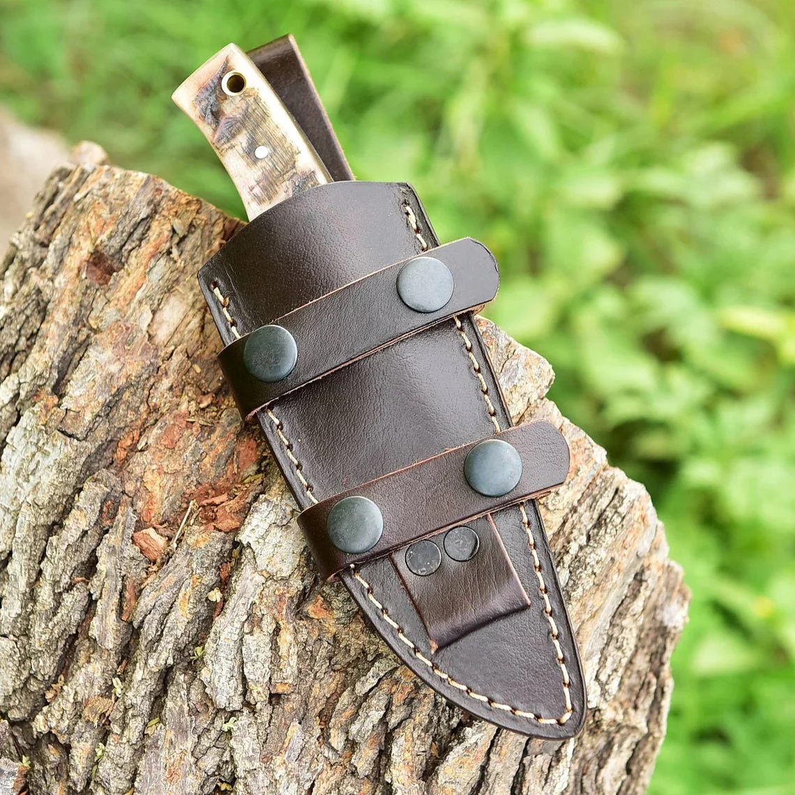 "Custom Handmade 1095 Forged Steel Skinning Knife | Sheep Horn Handle | 7.5 Inches | Leather Sheath | KBS Knives Store" - Image 3