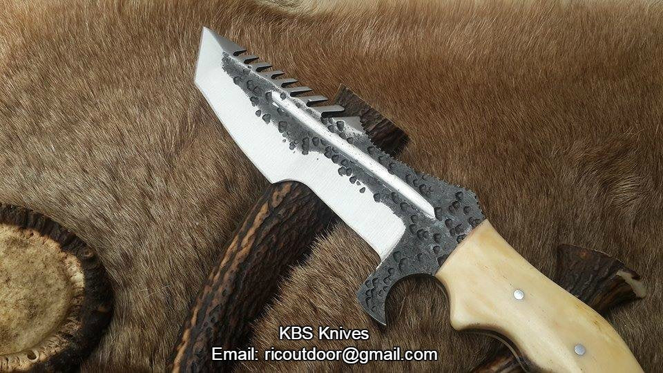Custom Handmade 1095 Steel Tanto Blade Tracker Knife - Full Tang Bone Handle, 10.5" Overall with Horizontal Leather Sheath | Ideal for Survival & Camping | KBS Knives - Image 2