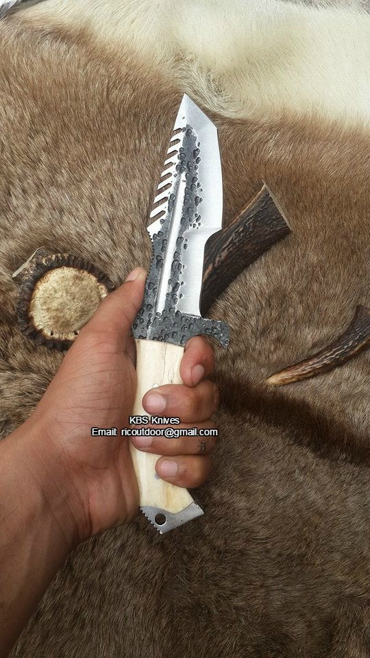 Custom Handmade 1095 Steel Tanto Blade Tracker Knife - Full Tang Bone Handle, 10.5" Overall with Horizontal Leather Sheath | Ideal for Survival & Camping | KBS Knives - Image 4