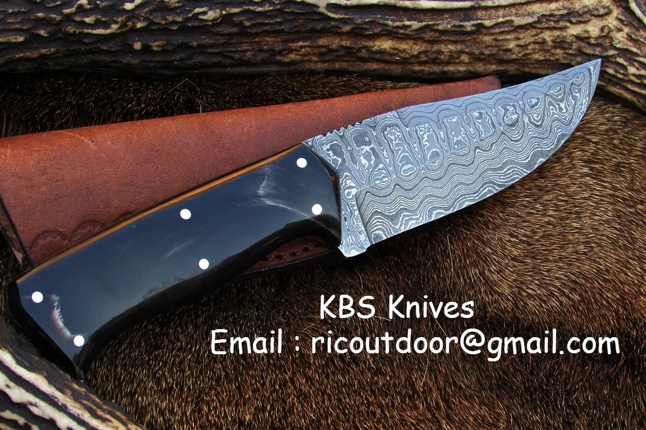 Custom Handmade 8-Inch Damascus Deer Hunting Knife with Buffalo Horn Handle | KBS Knives Store - Image 2