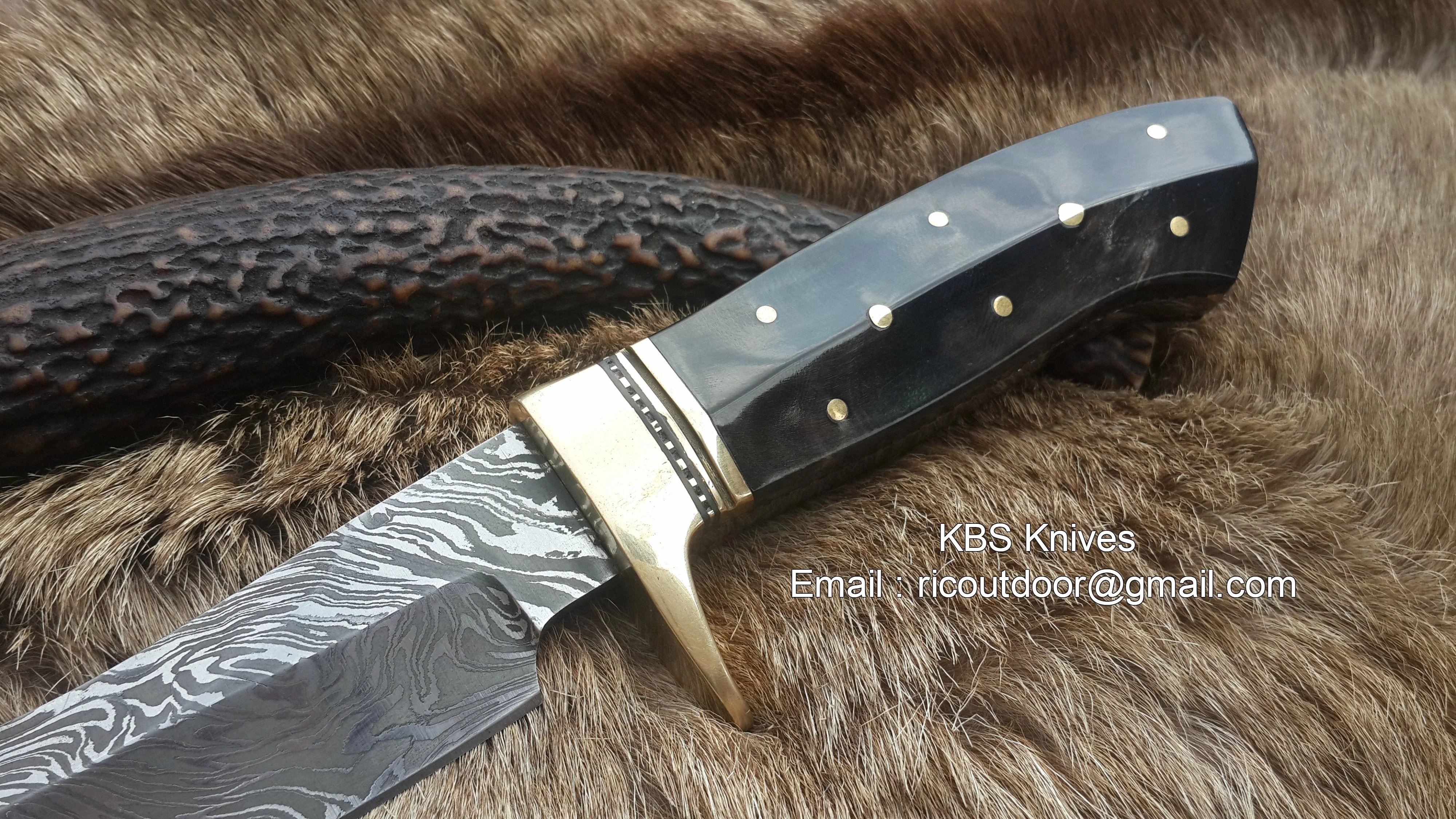 Custom Handmade 9-Inch Damascus Fixed-Blade Hunting Knife with Buffalo Horn Handle & Brass Guard | KBS Knives Store - Image 2