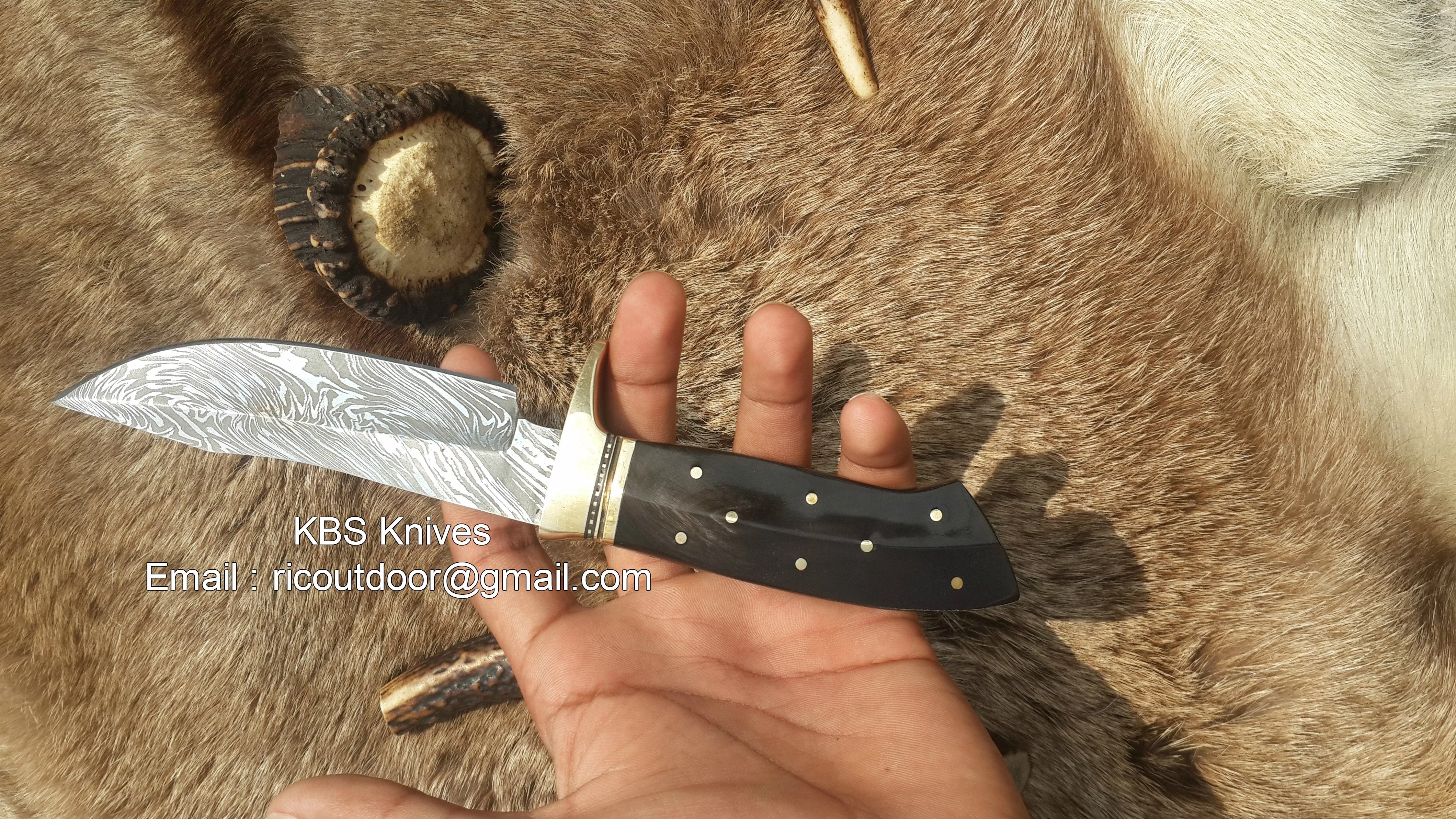 Custom Handmade 9-Inch Damascus Fixed-Blade Hunting Knife with Buffalo Horn Handle & Brass Guard | KBS Knives Store - Image 4