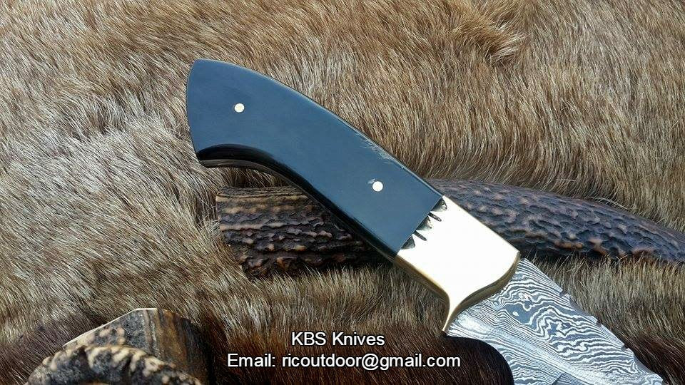 Custom Handmade 9-Inch Damascus Fixed-Blade Hunting Knife with Buffalo Horn Handle | KBS Knives Store - Image 3