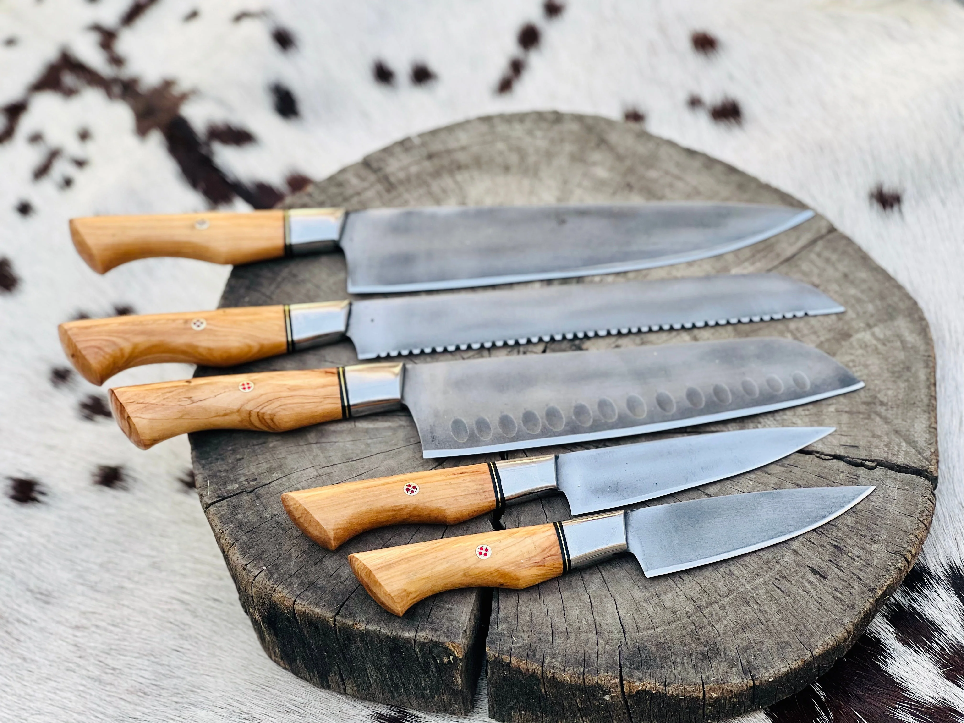 Custom Handmade Acid Washed Stainless Steel Kitchen Knife Set with Olive Wood Handle and Leather Roll - 5 Pieces by KBS Knives Store - Image 2