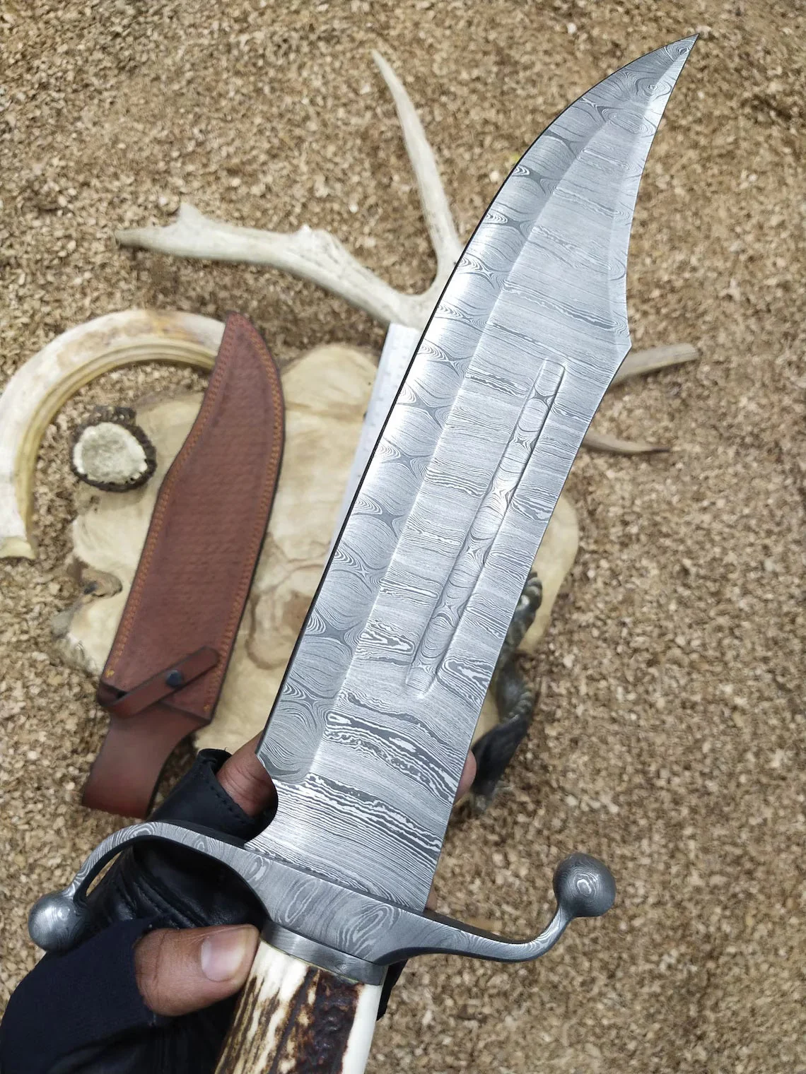 Custom Handmade Bowie Knife with Twisted Damascus Steel Blade and Antler Horn Handle - 15 Inches - Image 2