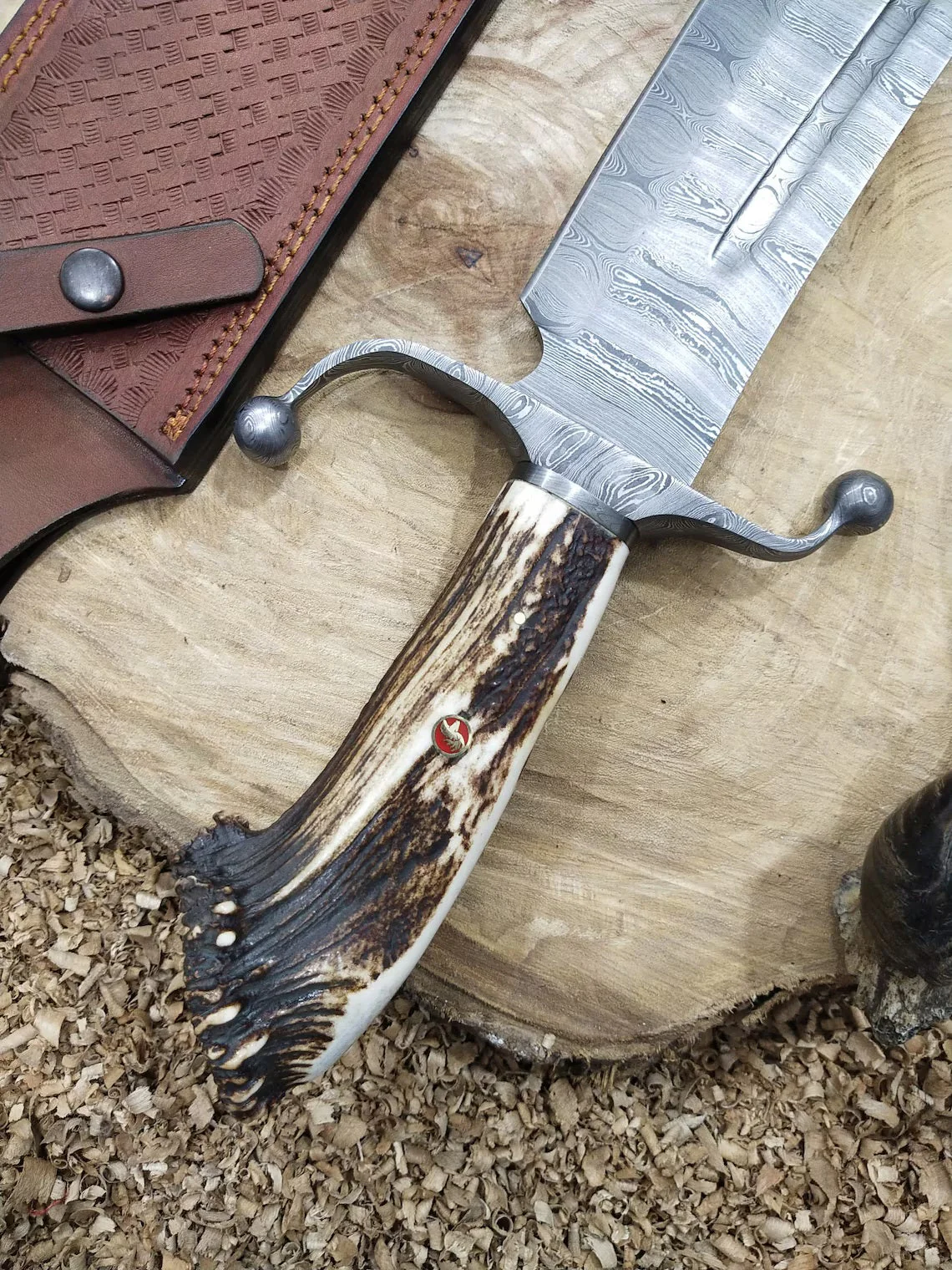Custom Handmade Bowie Knife with Twisted Damascus Steel Blade and Antler Horn Handle - 15 Inches - Image 3