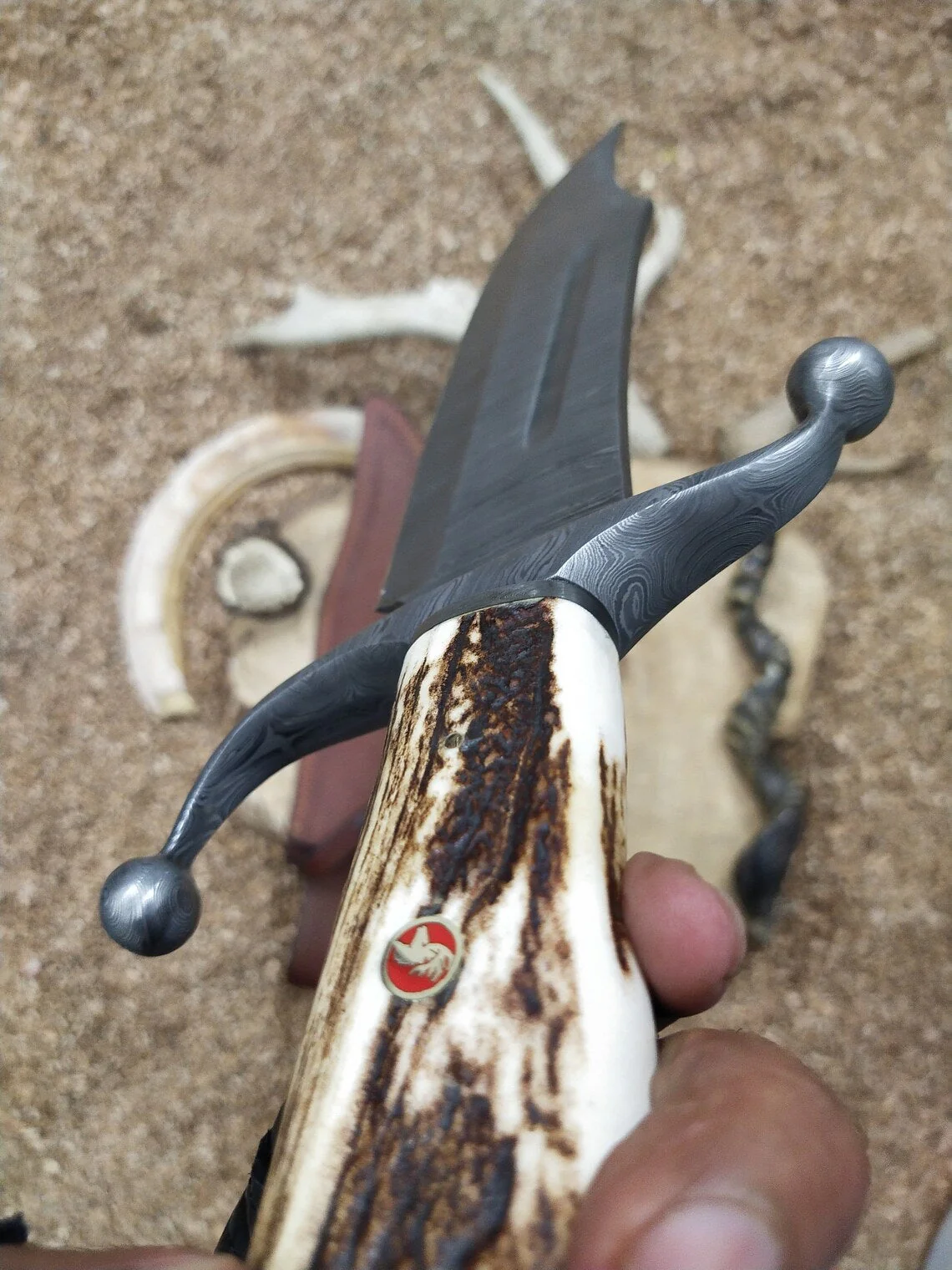 Custom Handmade Bowie Knife with Twisted Damascus Steel Blade and Antler Horn Handle - 15 Inches - Image 4