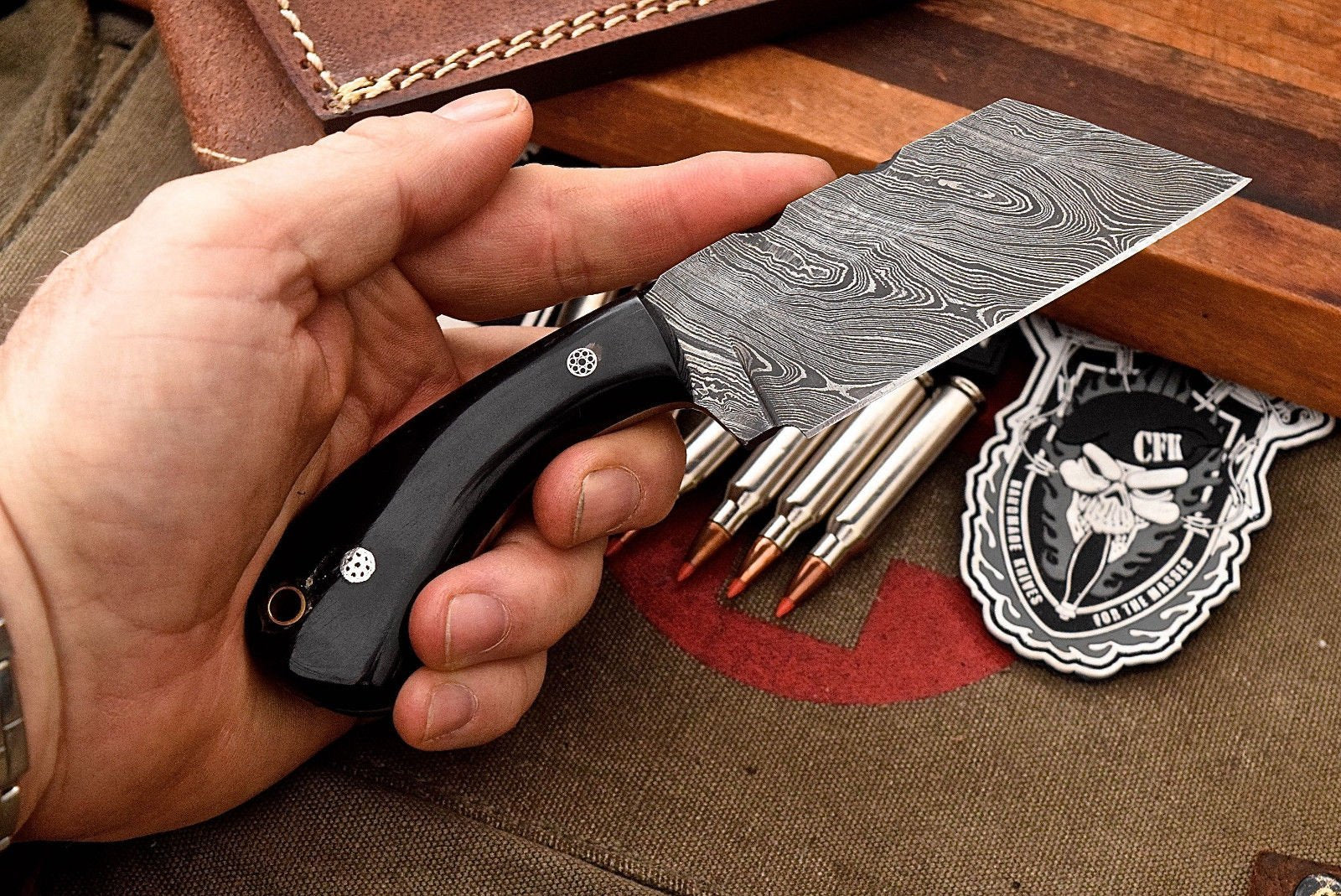 Custom Handmade Damascus Buffalo Horn Sheepsfoot Razor Hunting EDC Knife - Image 2
