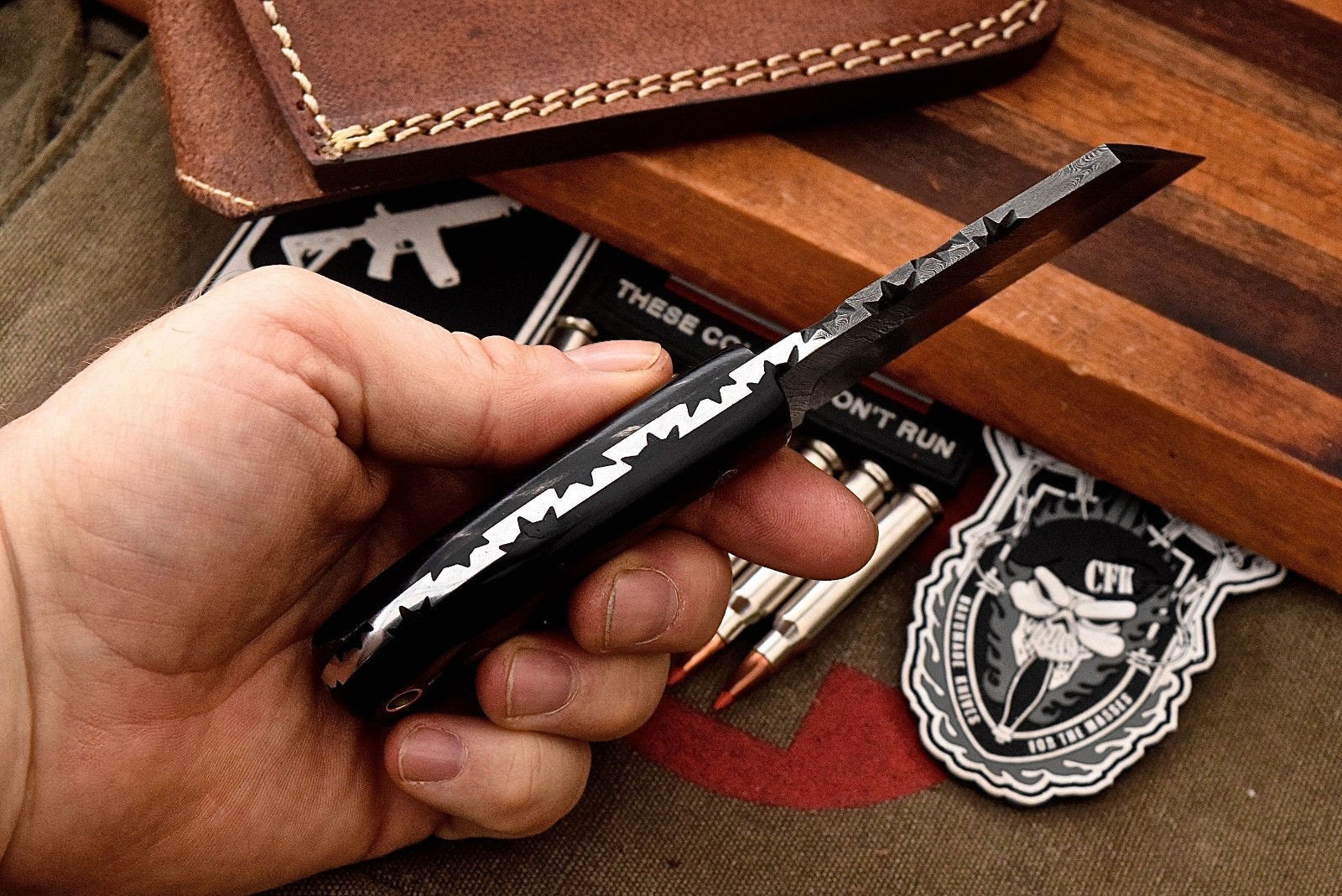 Custom Handmade Damascus Buffalo Horn Sheepsfoot Razor Hunting EDC Knife - Image 3