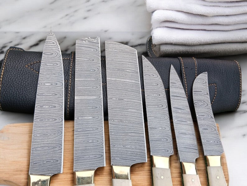 Custom Handmade Damascus Chef Knife Set with Bone Handles - Image 3