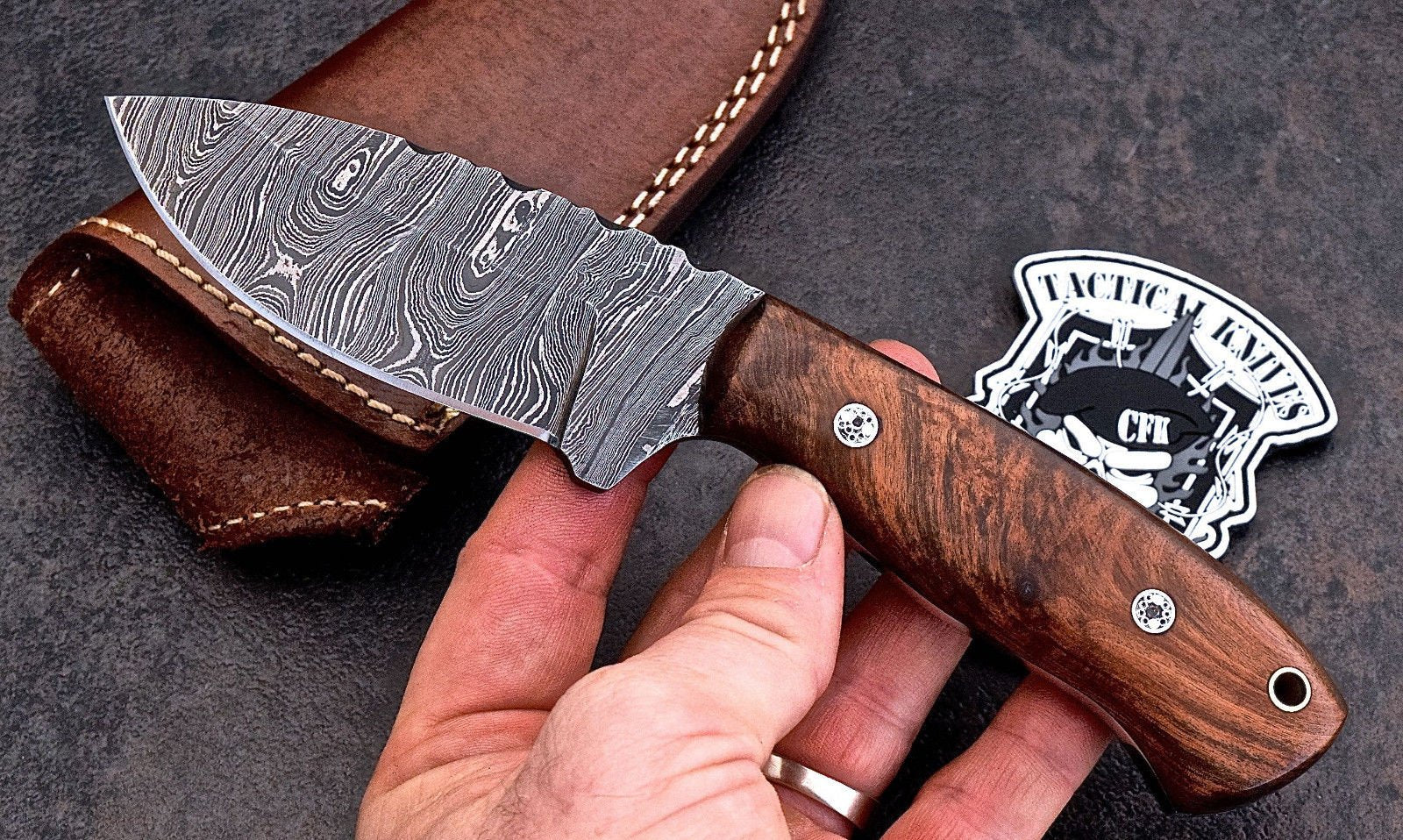 Custom Handmade Damascus Exotic Black Walnut Burl Wood Hunting Knife - Image 2