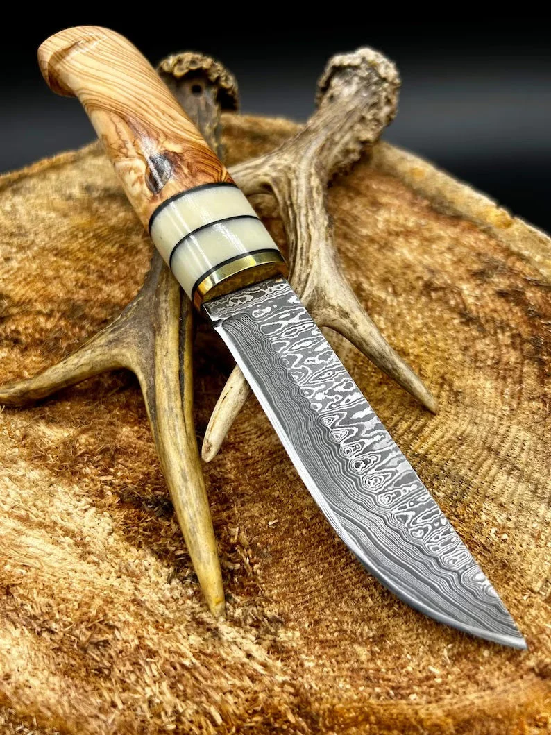 Custom Handmade Damascus Hunting Camping Knife with Bone, Olive Wood, and Brass Bolster Handle - Image 2