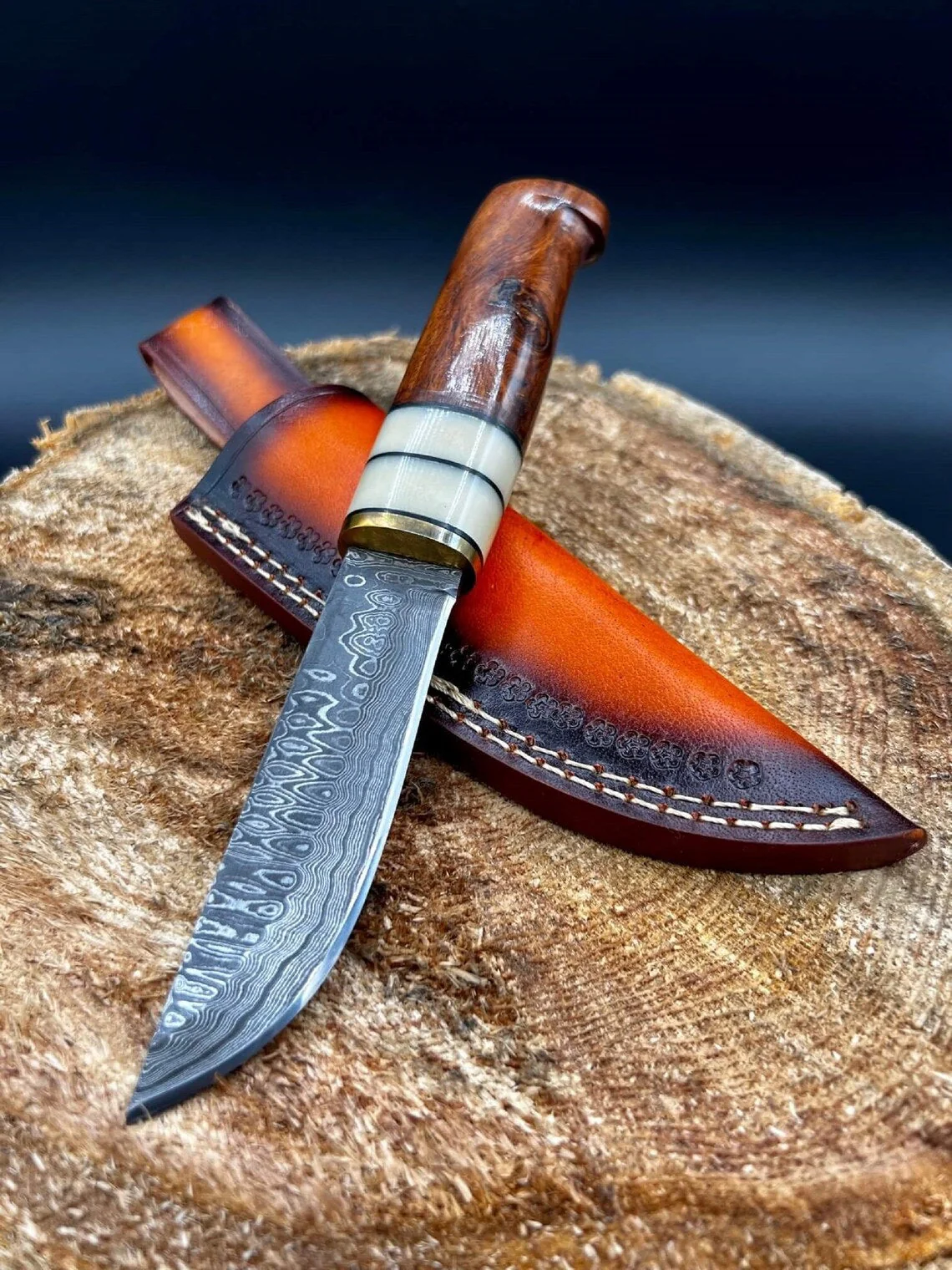 Custom Handmade Damascus Hunting Camping Knife with Bone, Rosewood, and Brass Bolster Handle - Image 2