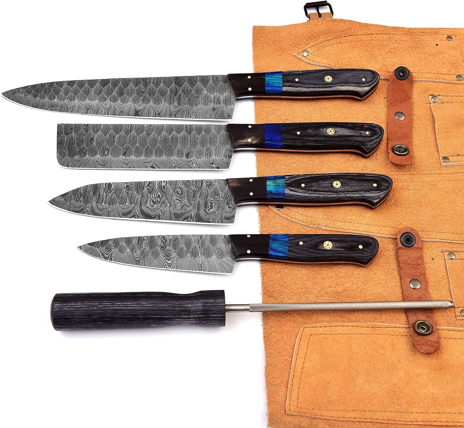 Custom Handmade Damascus Kitchen Knife Set with Sharpener - Image 2