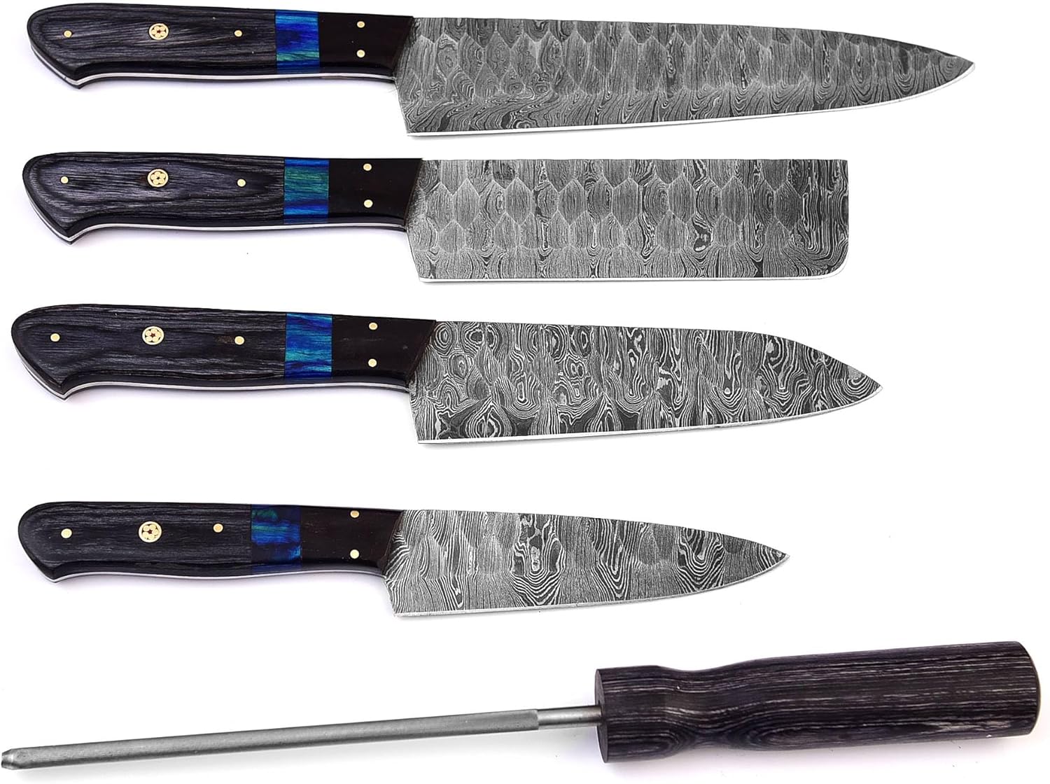 Custom Handmade Damascus Kitchen Knife Set with Sharpener - Image 3
