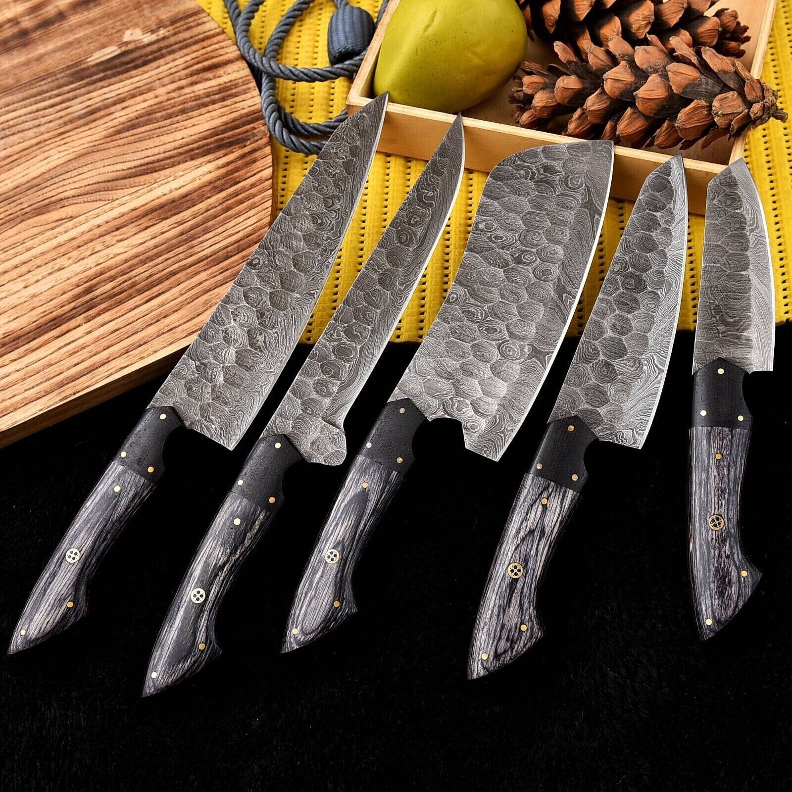 Custom Handmade Damascus Knife Set with Leather Roll - Image 2