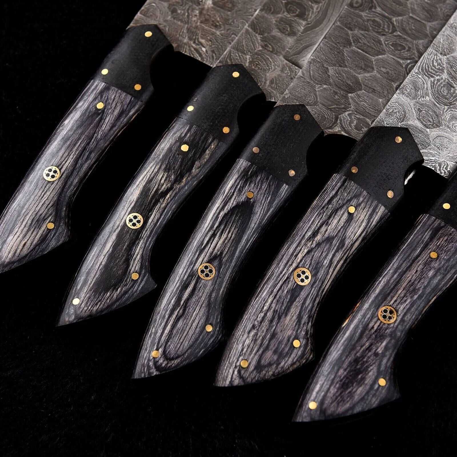 Custom Handmade Damascus Knife Set with Leather Roll - Image 3