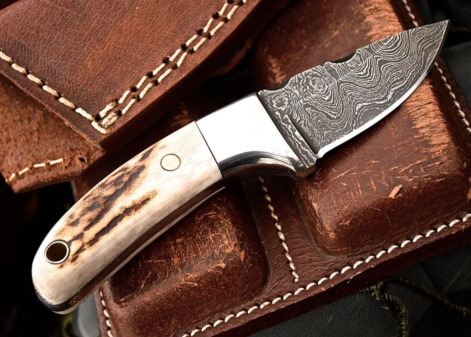 Custom Handmade Damascus New Zealand Red Stag Antler Handle Mini Skinning EDC Small Skinner Neck Knife - Image 2