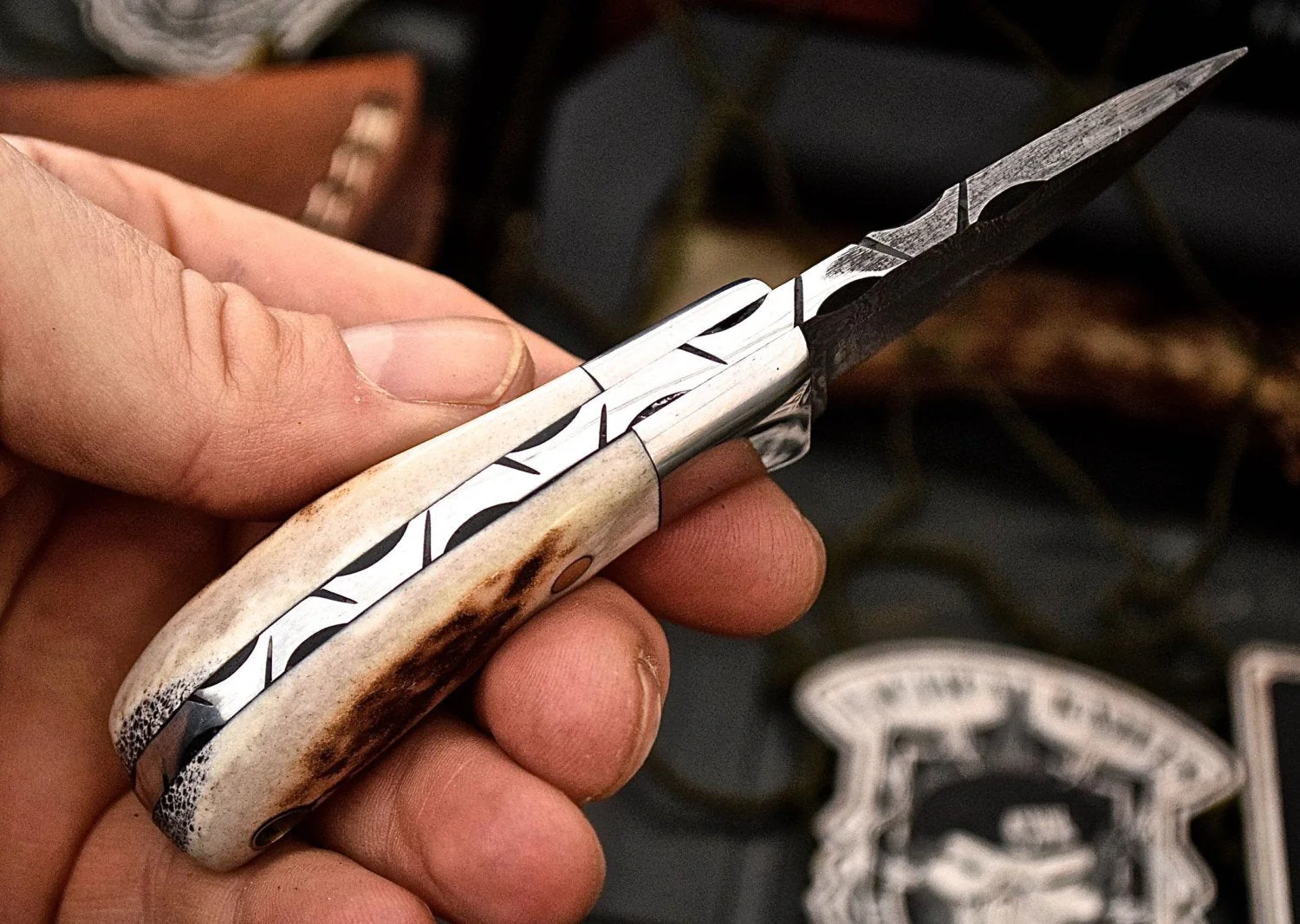 Custom Handmade Damascus New Zealand Red Stag Antler Handle Mini Skinning EDC Small Skinner Neck Knife - Image 3