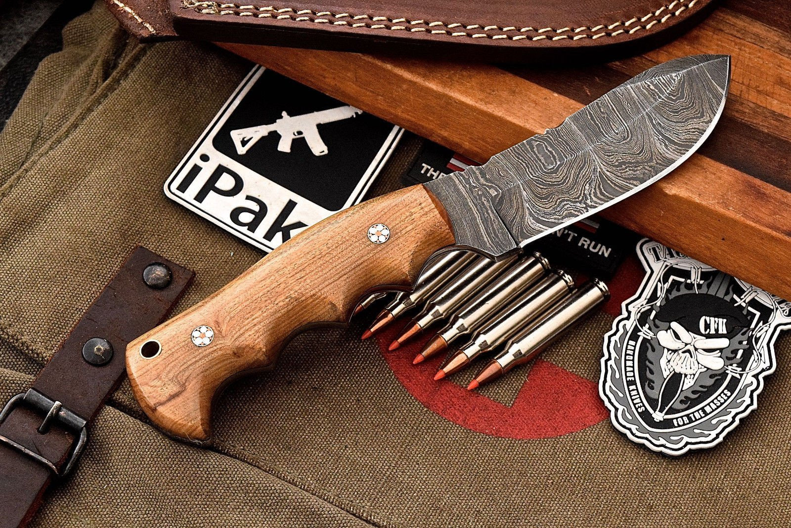 Custom Handmade Damascus Olive Wood Skinning Hunting Skinner EDC Knife - Image 3