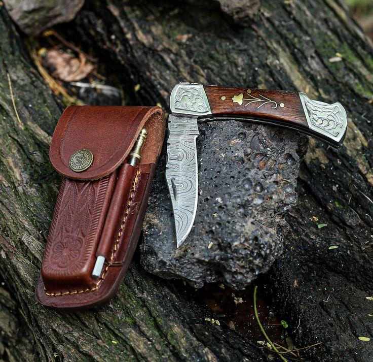 Custom Handmade Damascus Pocket Knife – 3" Blade with Leather Case - Image 2