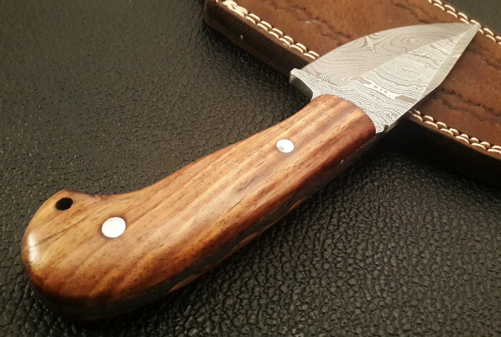 Custom Handmade Damascus Skinning Knife with Olive Wood Handle - Image 3