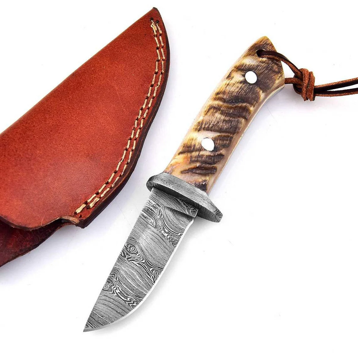 Custom Handmade Damascus Skinning Knife with Sheep Horn Handle, 7.75-inch - Image 3