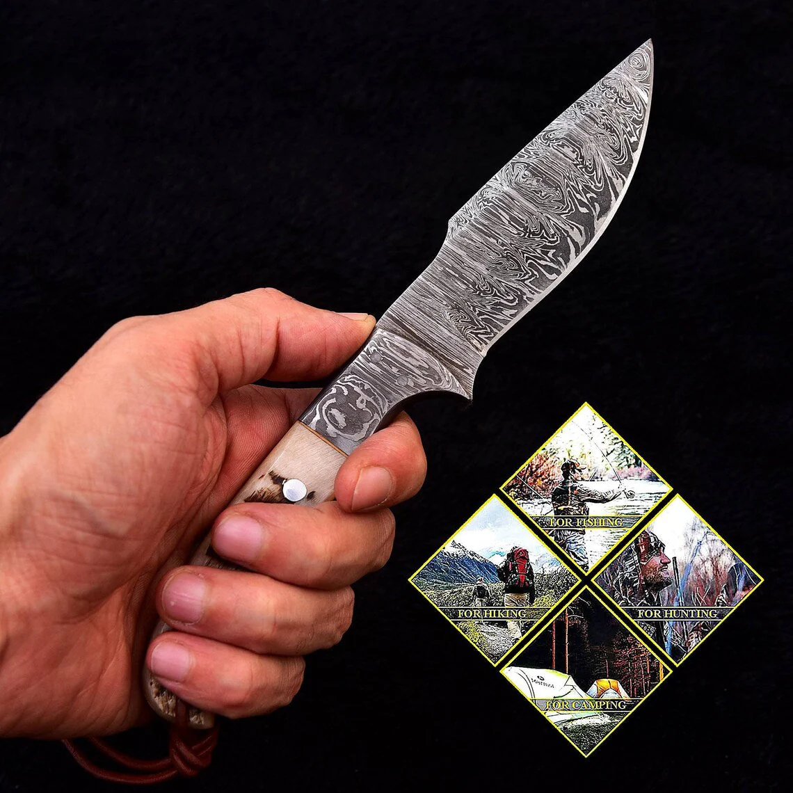 Custom Handmade Damascus Skinning Knife with Sheep Horn Handle, 9-inch - Image 3