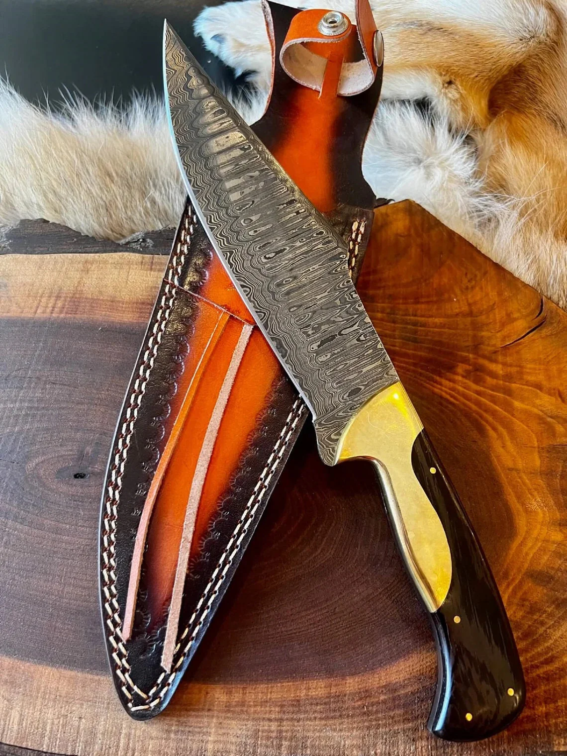 Custom Handmade Damascus Steel Bowie Knife with Wenge Wood and Brass Bolster Handle - Image 2