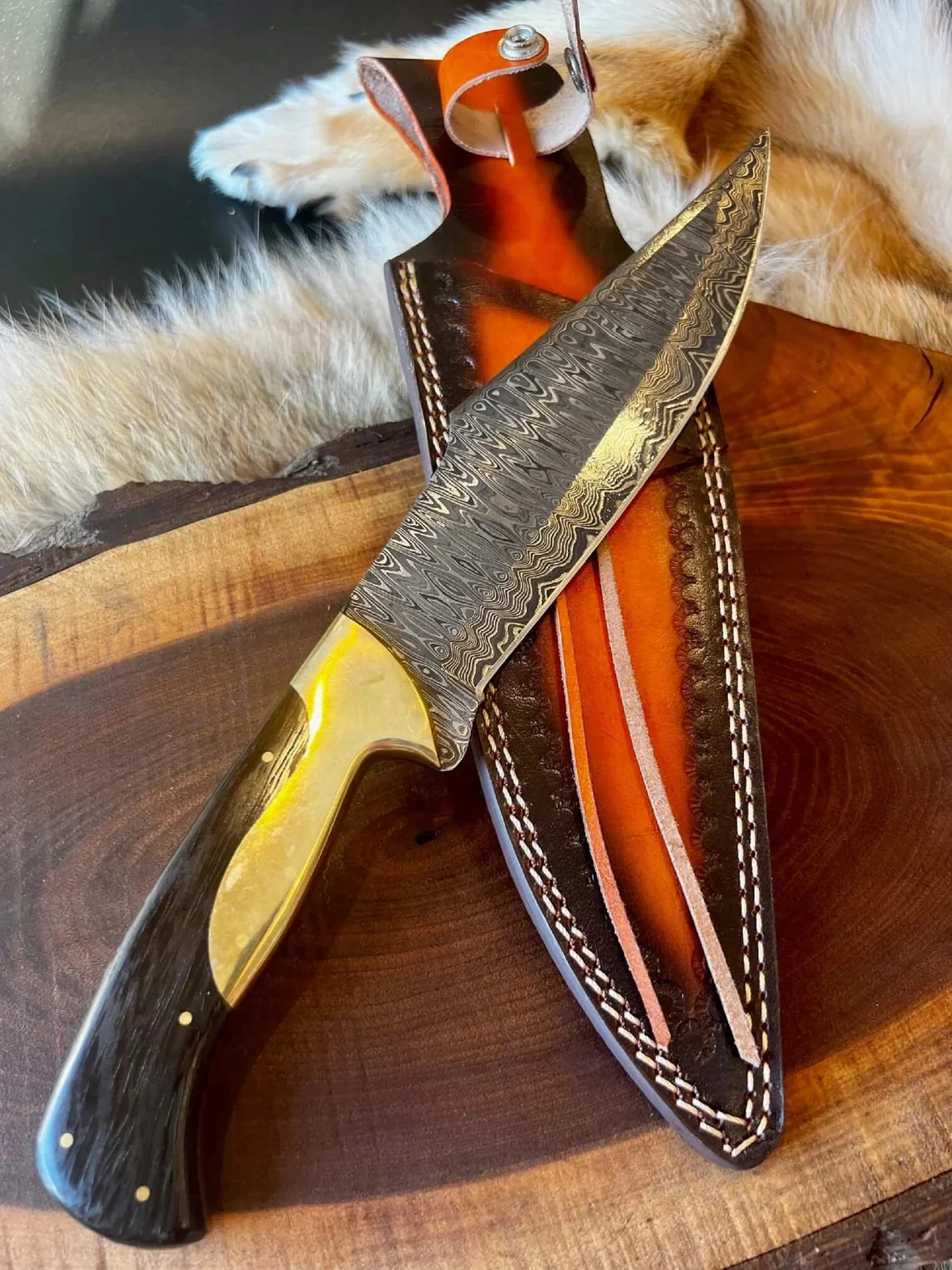 Custom Handmade Damascus Steel Bowie Knife with Wenge Wood and Brass Bolster Handle - Image 3