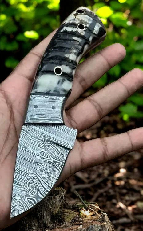 Custom Handmade Damascus Steel Deer Knife with Sheep Horn Handle & Leather Sheath