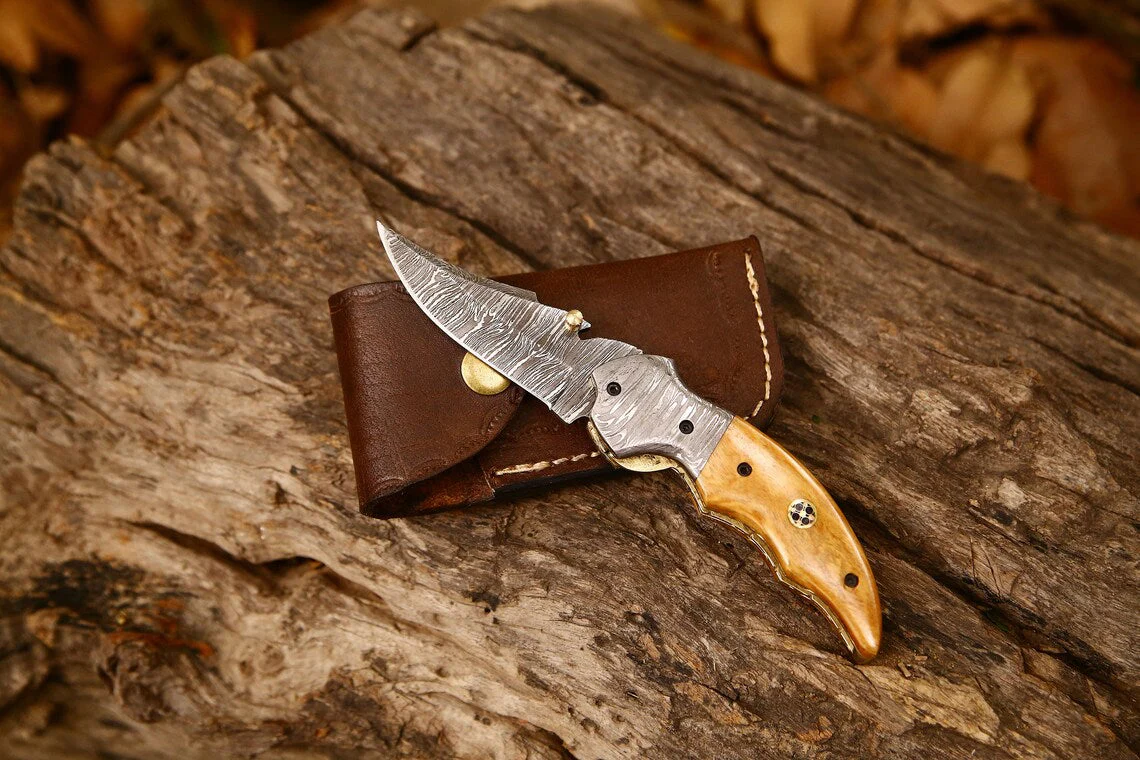 Custom Handmade Damascus Steel EDC Folding Pocket Knife | 3-Inch Blade, Colored Bone Handle, Leather Case | Ideal Gift for Any Occasion by KBS Knives - Image 2
