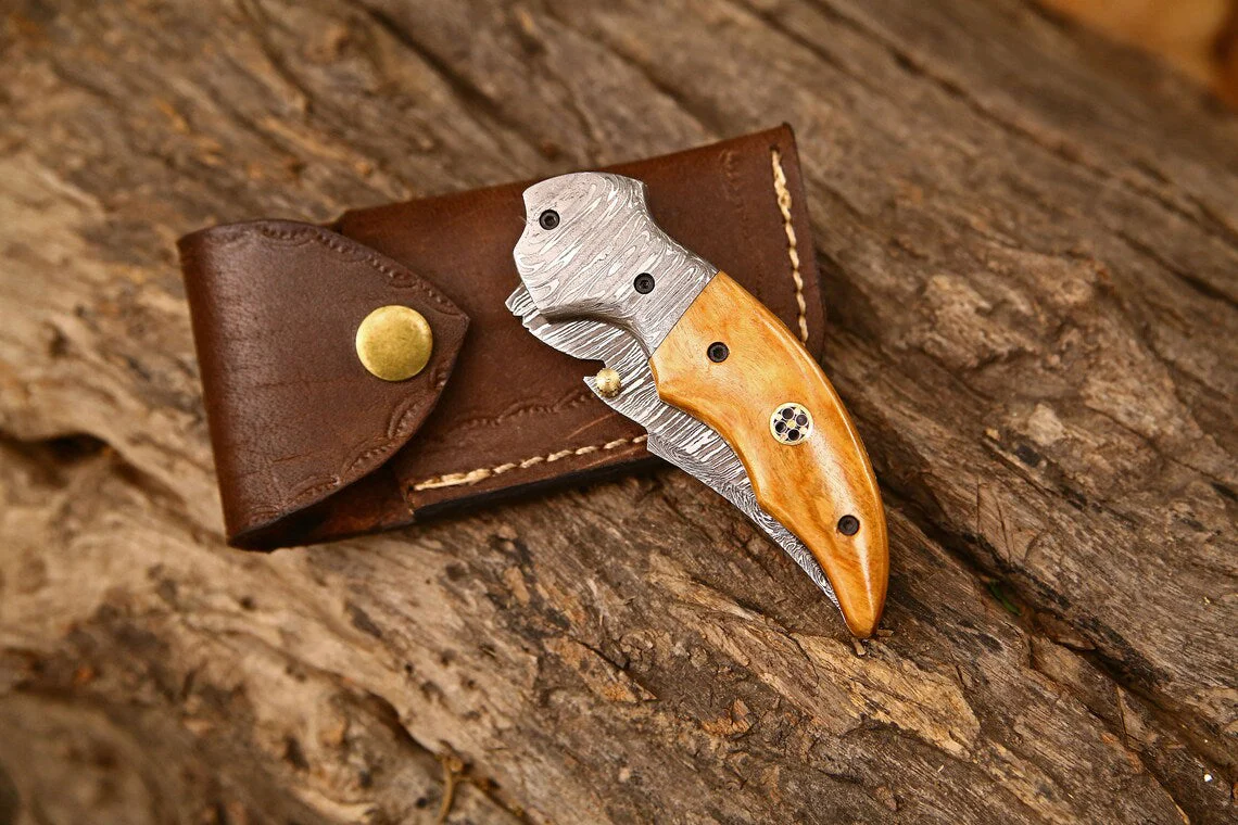 Custom Handmade Damascus Steel EDC Folding Pocket Knife | 3-Inch Blade, Colored Bone Handle, Leather Case | Ideal Gift for Any Occasion by KBS Knives - Image 3