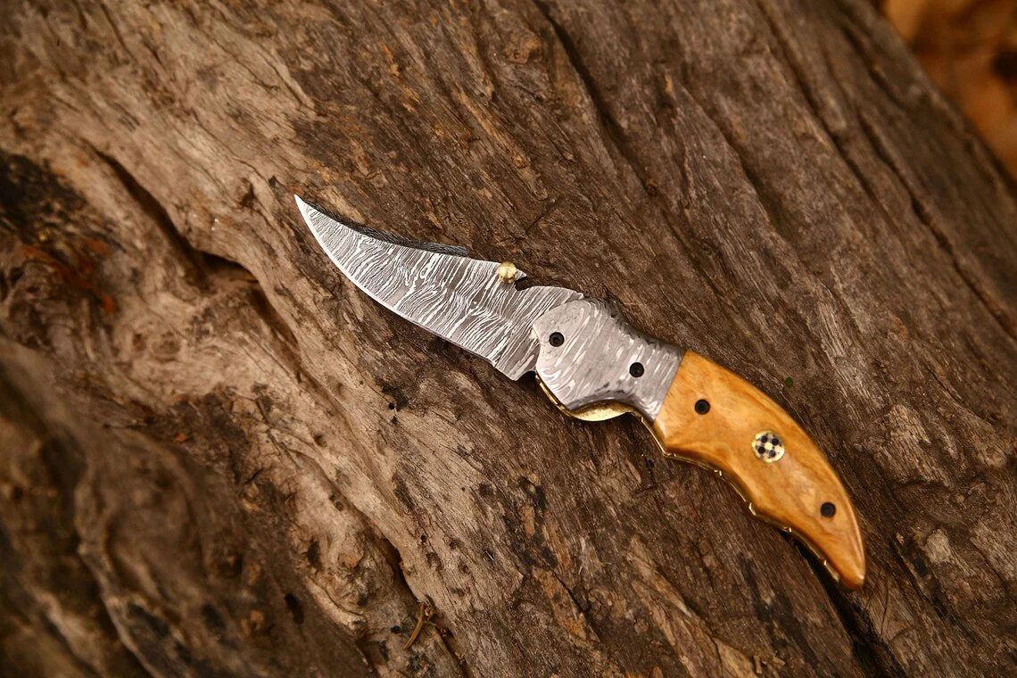Custom Handmade Damascus Steel EDC Folding Pocket Knife | 3-Inch Blade, Colored Bone Handle, Leather Case | Ideal Gift for Any Occasion by KBS Knives - Image 4