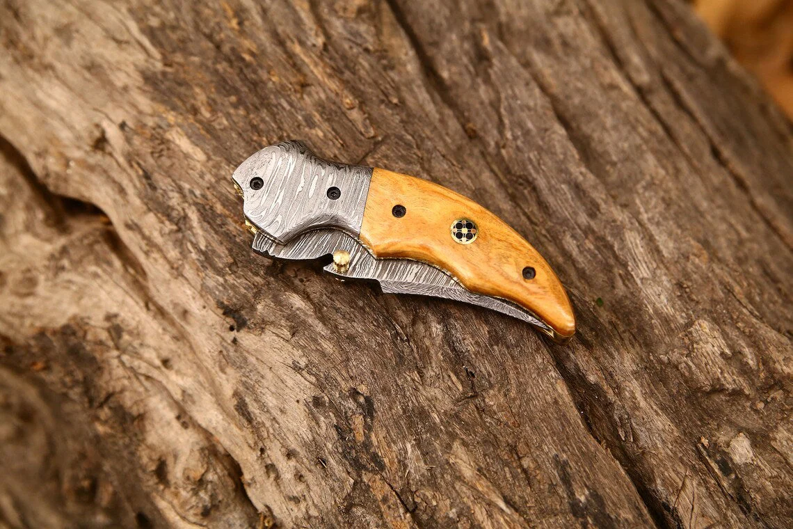 Custom Handmade Damascus Steel EDC Folding Pocket Knife | 3-Inch Blade, Colored Bone Handle, Leather Case | Ideal Gift for Any Occasion by KBS Knives - Image 5