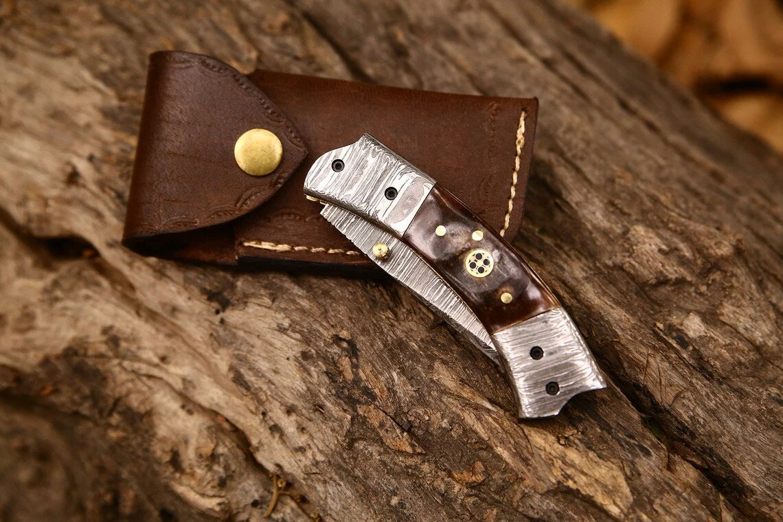 Custom Handmade Damascus Steel EDC Folding Pocket Knife – 3-Inch Blade, Sheep Horn Handle, Leather Case – Perfect Wedding Gift by KBS Knives - Image 3