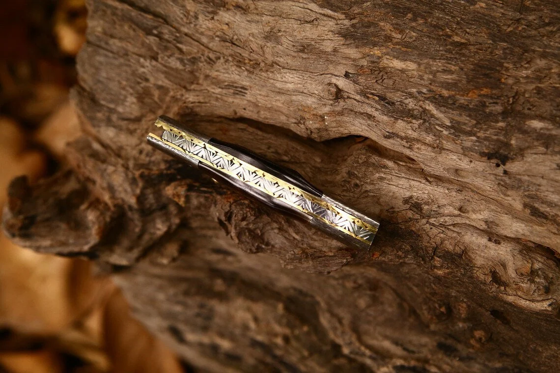 Custom Handmade Damascus Steel EDC Folding Pocket Knife – 3-Inch Blade, Sheep Horn Handle, Leather Case – Perfect Wedding Gift by KBS Knives - Image 4